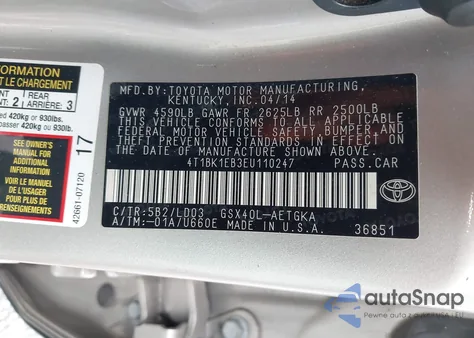 2014 Toyota Avalon Xle z USA, uszkodzony, nr VIN 4T1BK1EB3EU110247